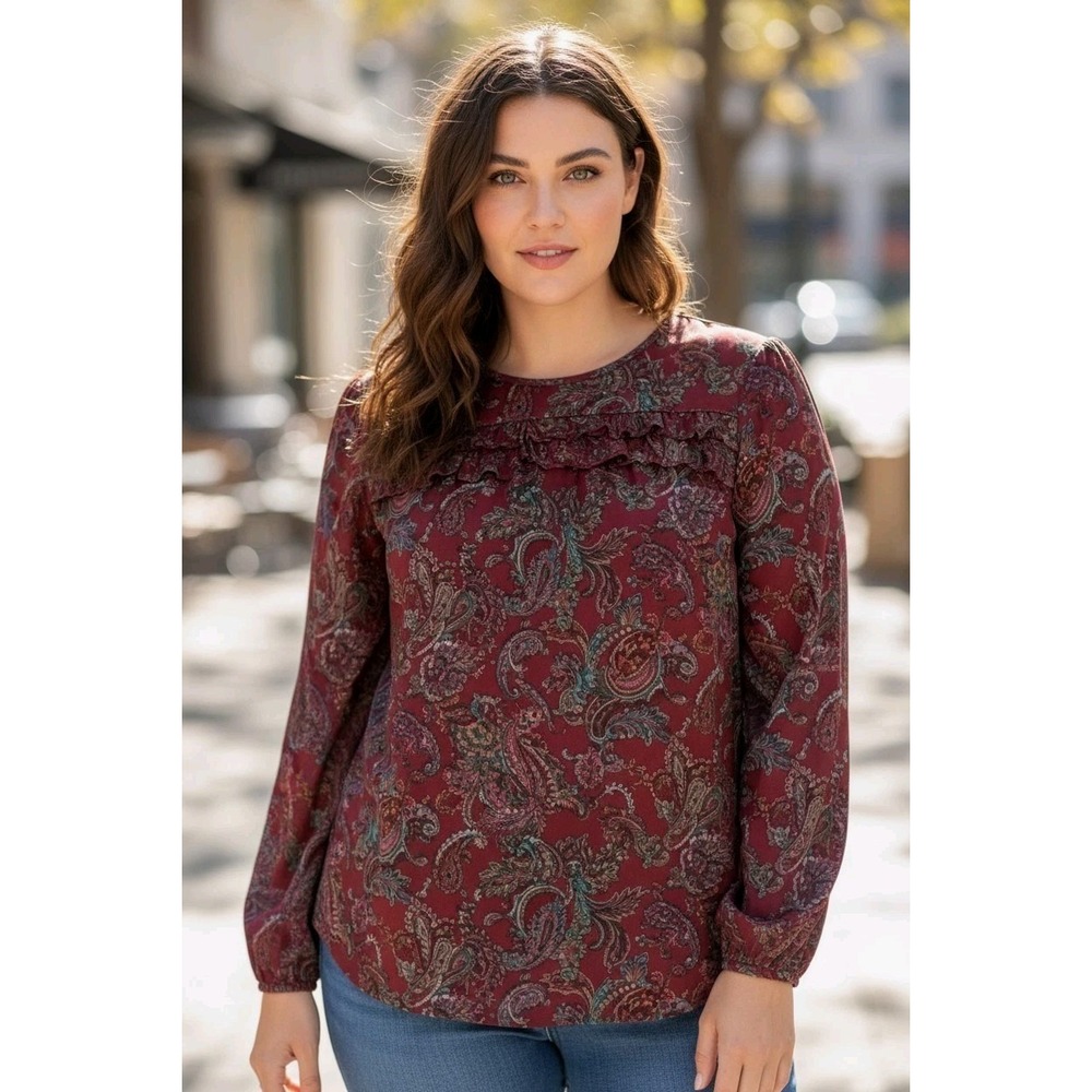 Talbots Bold Print Woman plus Size 2x Red Paisley Henley Popover Blouse Ruffle